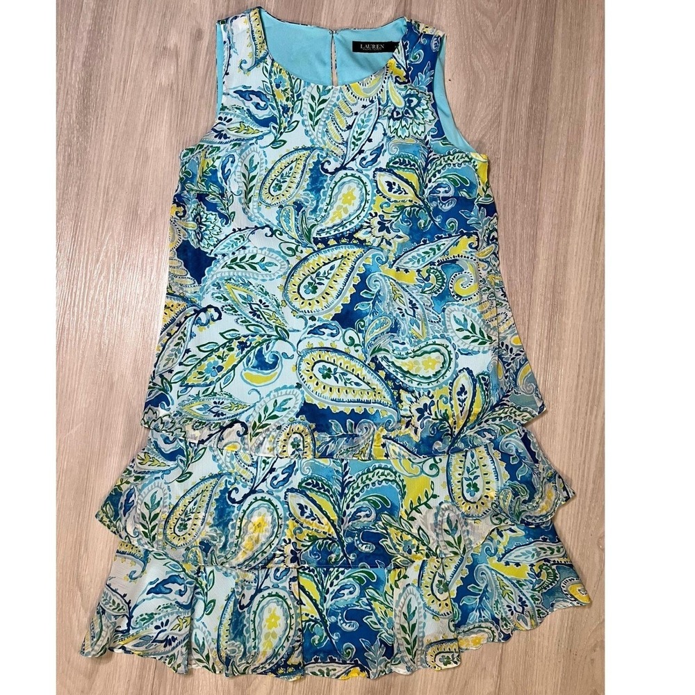 Lauren Ralph Lauren Dress Size 6 Blue Yellow Green Paisley Tiered Ruffle Womens - Picture 2 of 15